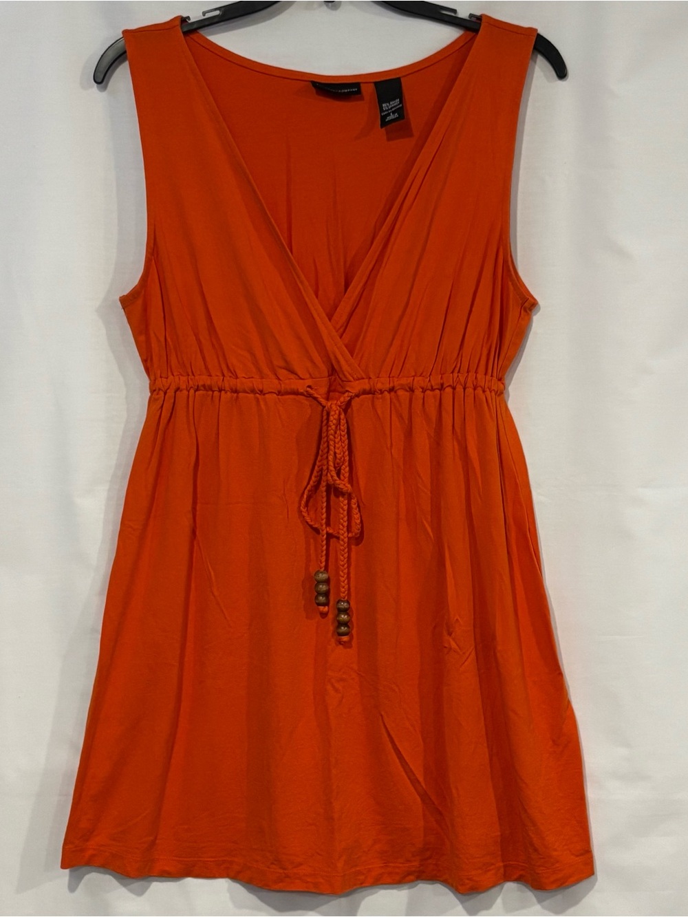 New York & Company Orange V-Neck Sleeveless Drawstring Waist Dress - Size Large